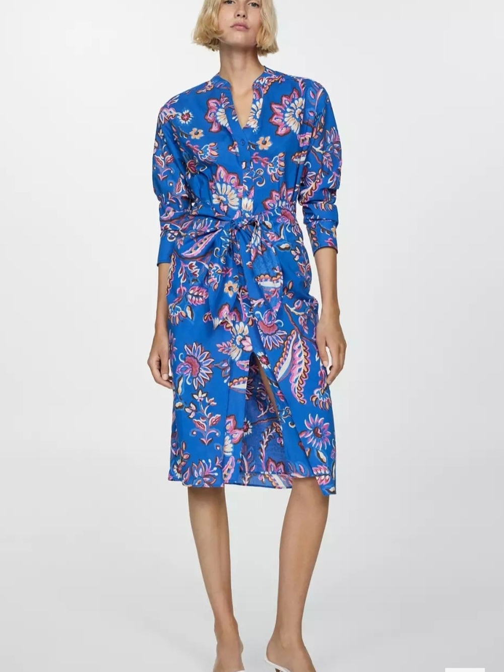MANGO Blue Floral Wrap Dress with Pink Accents Size S